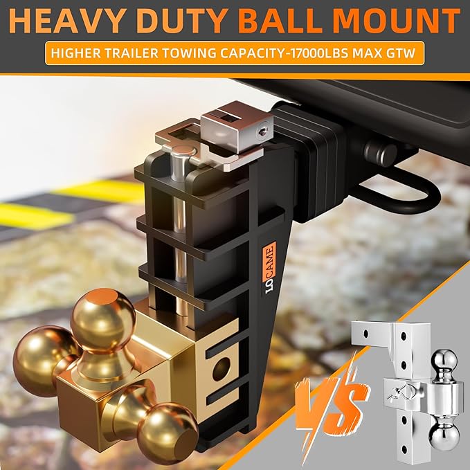 LOCAME Adjustable Trailer Hitch, Tri-Ball(1-7/8'', 2'', 2-5/16''), Fits 2 Inch Receiver, 6 Inch Drop Hitch, 17000 LBS GTW, Heavy Duty Trailer Hitch for Truck, Gold, LC0080