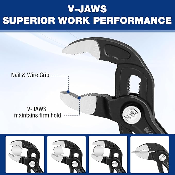 WORKPRO 10" Water Pump Pliers, V-Jaw Groove Joint Pliers, Upgraded 50mm Wide Opening, Quick Adjustable Plier for Home and Industrial Repair, CR-V Steel, Dual Serrated, Soft Grip