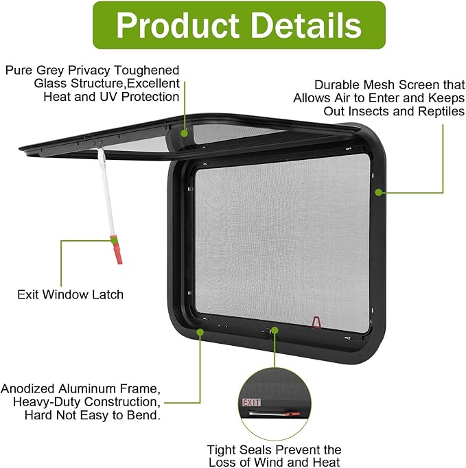 RV Window | 30" W x 22" H | RV Exit Window | Tempered Glass &Trim Set | DOT Certification Qualified