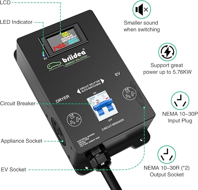 Briidea Automatic Power Switch for Dryer and EV, Fast Charge Your EV, NEMA 10-30