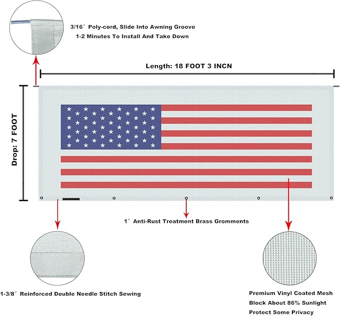 Tentproinc RV Awning Sun Shade Screen 7' X 18' 3'' (American Flag) Gray Mesh Sunshade Camper Trailer Awning Shade Screen UV Blocker Completed Kits