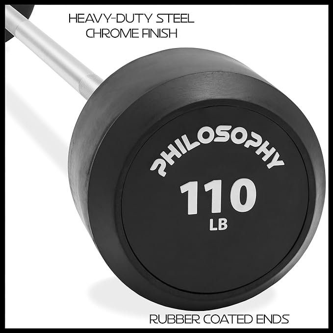 Philosophy Gym Rubber Fixed Barbell, Pre-Loaded Weight Straight Bar for Strength Training & Weightlifting