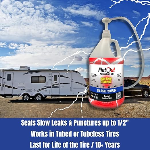 FlatOut QuickStrike On Road Tire Sealant - New Formula - Prevents Flat Tires - Seals Leaks - Contains Kevlar - Tubeless Tire Sealant - 1 Gallon + Tool
