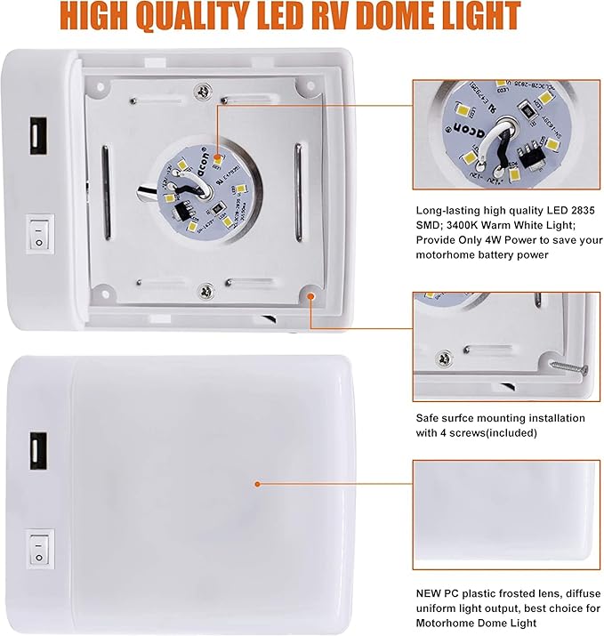 Facon 12V RV Interior Lights with Fast USB Charger (5V/2.4A) – Square Pancake LED Ceiling Light Fixture with Switch, 12Volt Lighting for RV, Camper, Boat, Tiny Homes
