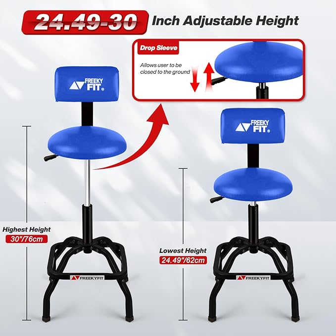 Shop Stool with Backrest, Mechanic Garage Stool for Workshop, Adjustable Shop Stools Chair, Padded Workbench Stools for Men Women, 300 LBS Capacity, 360° Swivel PVC Seat, Heavy Duty, Blue