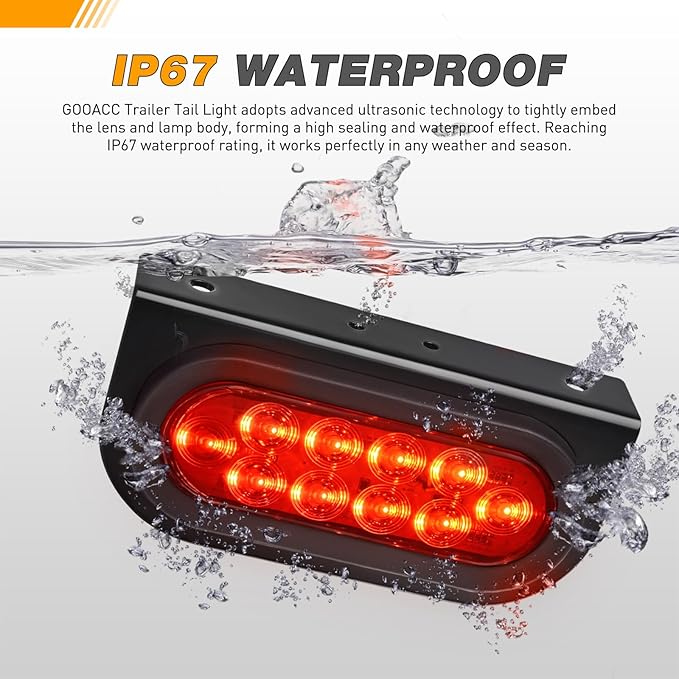 GOOACC 6Inch Oval Trailer Tail Light 2PCS 10LED Red Stop Brake Turn Signals Lights w/Surface Mount Grommets Plugs Mounting Brackets IP67 Waterproof for Truck RV Tractor
