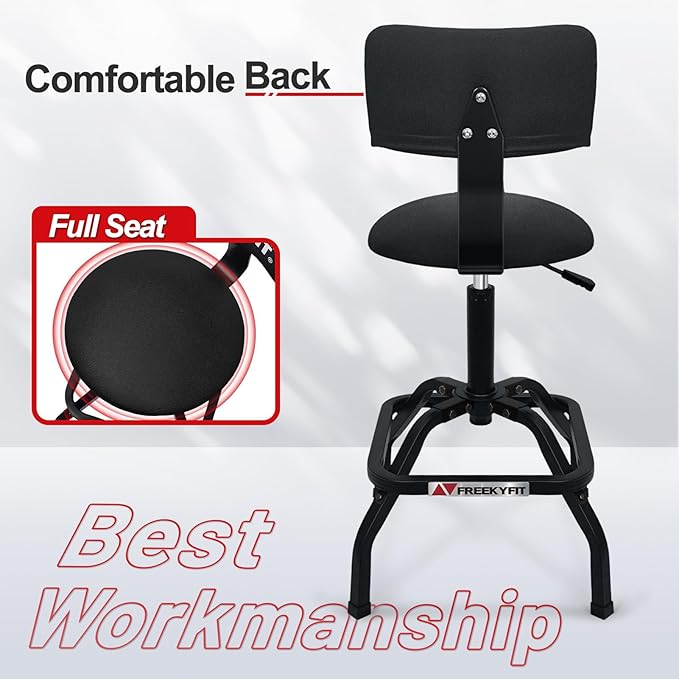 Shop Stool with Backrest, Mechanic Garage Stool for Workshop, Adjustable Shop Stools Chair, Padded Workbench Stools for Men Women, 300 LBS Capacity, 360° Swivel PVC Seat, Heavy Duty, Black