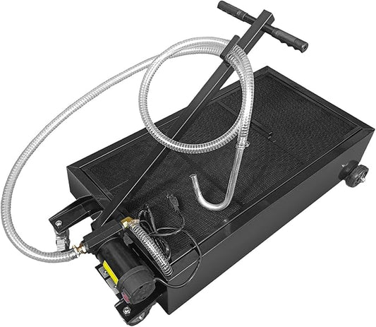 25 Gallon Oil Drain Pan with Electric Pump, Low-Profile Oil Pans for Changing Oil, T-Handle and J-Hook Makes Drain Easier, Black