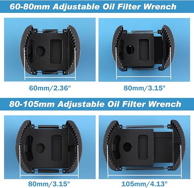 2Pcs Adjustable Oil Filter Wrench 2 Jaw 60-80mm & 80-105mm, Heavy Duty Oil Filter Wrench Removal Tool, Universal Oil Filter Cap socket Wrench Filter Housing Removal Tool, 1/2" Drive