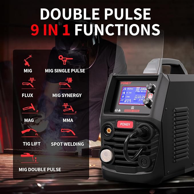 PONEY 200Amp Double Pulse MIG Aluminum Welder 9 in 1 MIG/MAG/FLUX/MIG Synergy/Single Pulse MIG/Double Pulse MIG/TIG LIFT/Spot Welding/MMA 220V Multi Process Welding Machine with LCD Digital Display