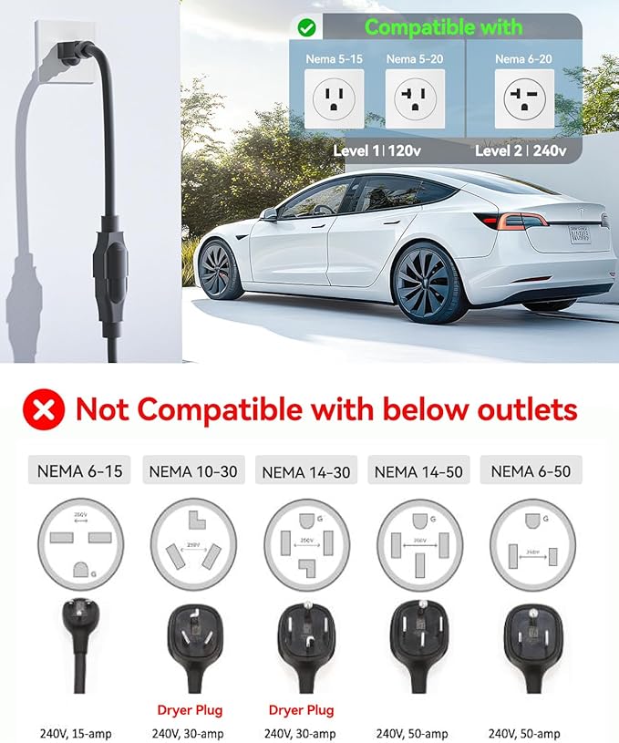 Portable Level 1/2 EV Charger for Tesla, 16Amp NACS Car Charger with 110V-240V, 25FT Extension Cable, NEMA 6-20 Plug, NEMA 5-15 Adapter, Home Mobile Wall Connector EV Charging Station for Tesla Cars
