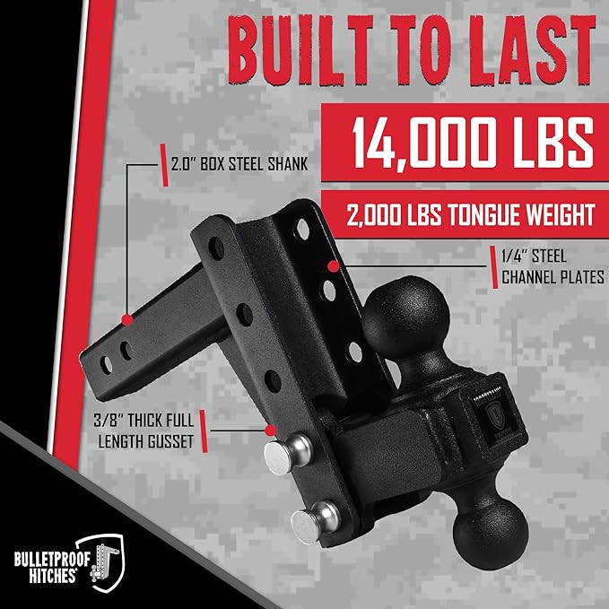 BulletProof Hitches - 2.0" Adjustable Medium Duty Trailer Hitch (14,000 lb. Rating) - 4" Drop/Rise Trailer Hitch with 2" & 2-5/16" Dual Ball - Powder Coat, Box Steel, Corrosion-Resistant