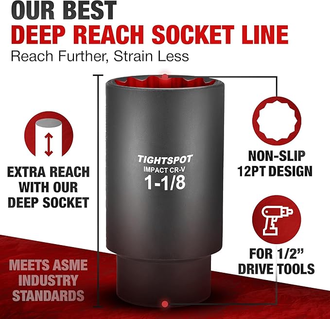 TIGHTSPOT 1/2 Inch Drive - 1 1/8 Inch Deep Impact Socket with Anti-Rounding 12 Point Design, Heat-Treated CRV Steel