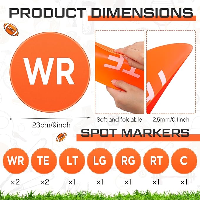 9 Pcs Football Lineman Spot Markers with Mesh Bag 9 Inch Non Slip Vinyl Poly Floor Agility Dots Flat Field Cones for Football Coaching Speed Agility Training Equipment