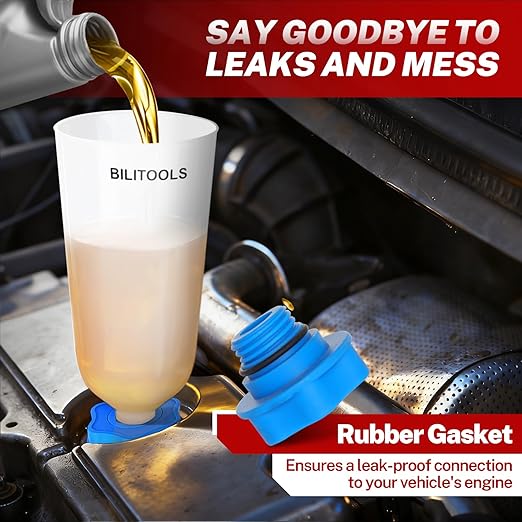 BILITOOLS 20-Piece Oil Funnel Kit for Engine Oil Change, 2.2 QT Automotive Funnel Set with 15 Adapters & Air Filter Regulator, One-Hand Operation, Compatible with GM, VW, Ford, BMW, Audi and More