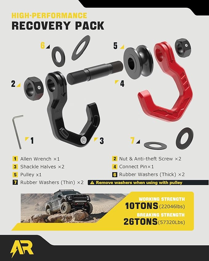 Snatch Block Separate Shackle, 3/4" D Ring Shackle with Pulley, 57320lbs Break Strength, Towing Winch Snatch Block for Off Road Vehicle Recovery, Red Black 1-Pack