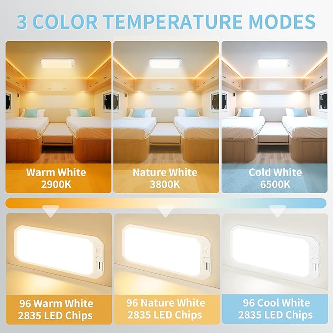 4 Pack RV Lights Interior, 3 Color RV LED Super Bright Fixture DC12-30V Camper Lights with Stepless Dimming and Remote Control Energy-efficient Ceiling Light for RV/Camper/Car/Trailer/Boat