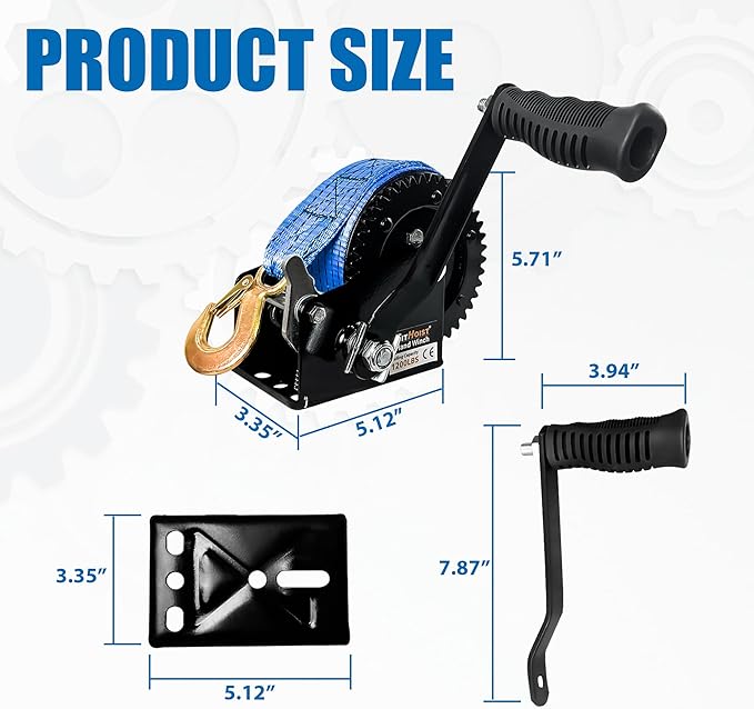 1200lbs Heavy Duty Boat Trailer Winch,Hand Winch with 33ft Blue Polyester Strap,4:1Gear Portable Winch with Hook,Two Way Ratchet and Two Speed Switchable for Boat Jet Ski Trailer