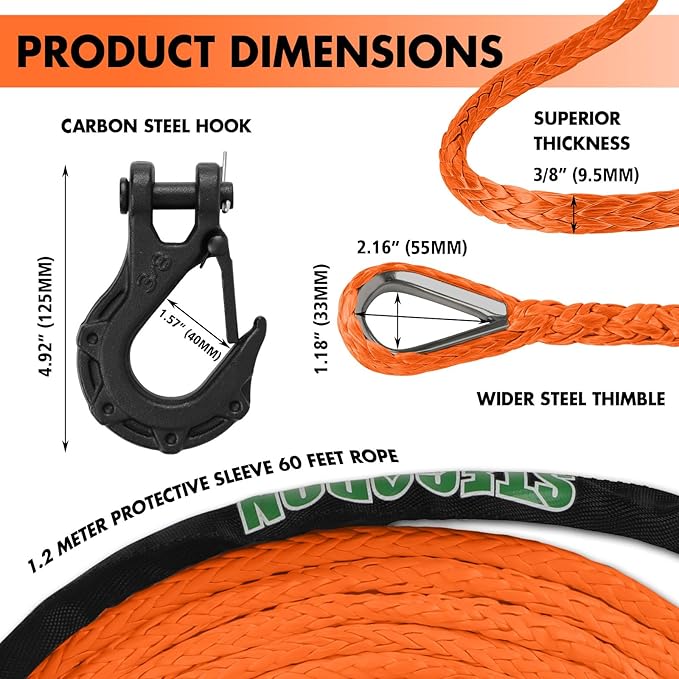3/8" x 60ft Synthetic Winch Rope 19,854lbs Dyneema Winch Cable Line with Hook and Sleeve Protection Car Tow Recovery Cable for 4WD Off Road Vehicle SUV Truck(Orange-Slim)