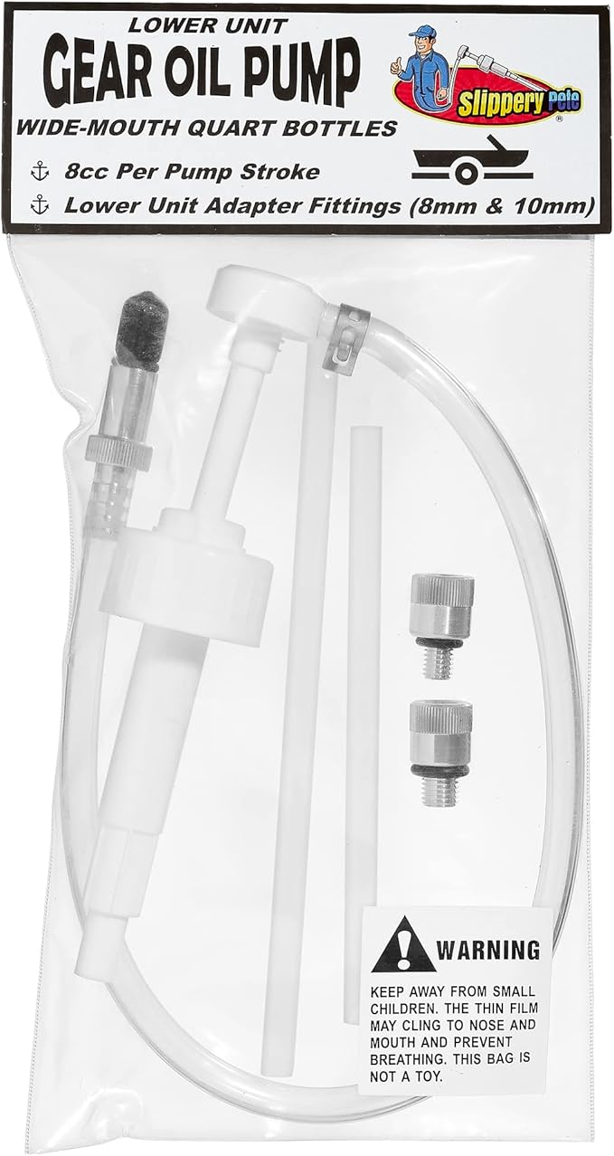 Slippery Pete - Lower Unit Gear Oil Pump for Wide-Mouth Quart Bottles, Includes 3/8 inch Metal Swivel, 8mm, 10mm Adapters Fits Most Marine Boat Outboard Motors NOT COMPATIBLE WITH VOLVO PENTA