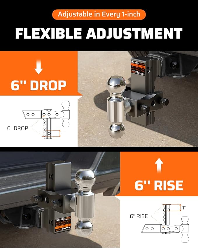 Ehaho Adjustable Trailer Hitch, Drop Hitch 2.5 Inch Receiver with 6 Inch Drop/Rise for Truck 12,500 LBS GTW, 360° Rotating Towing Hitch Balls Double Anti-Theft Locking Hitch Pins