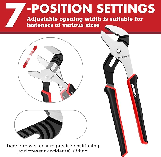 ARROW 12-Inch Groove Joint Pliers, Adjustable Water Pump Pliers with TPR Handle, High Carbon Steel Tongue and Groove Plier for Plumbing, Automotive and Household Repairs