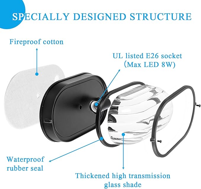 11 Inch Waterproof Bulkhead Light Fixture Outdoor Ceiling Light Black Sauna Light with UL Listed Aluminum Frame and Thickened Clear Glass Shade 2 Pack