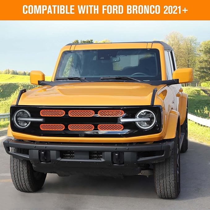 Jimen Compatible with Ford Bronco 2021-2023, 6PCS Front Grille Inserts Mesh Grill Cover Exterior Trim Accessories (Orange)