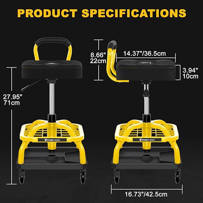 Rolling Shop Stool with Wheels, Garage Mechanic Shop Chair with Handle Backrest, Adjustable Height Work Stool, Roller Seat with Tool Tray Storage, Heavy Duty, 330 LBS Capacity, Yellow