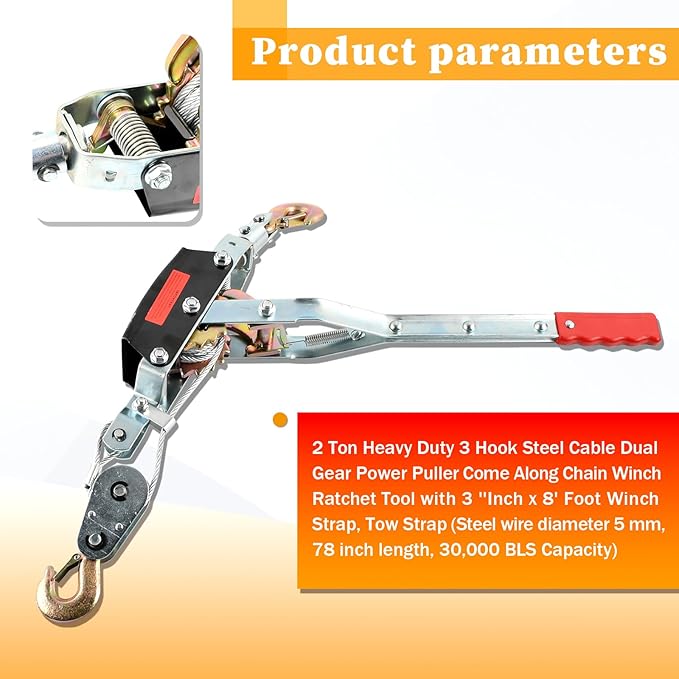 2 Ton Heavy Duty 3 Hook Steel Cable Dual Gear Power Puller Come Along Chain Winch Ratchet Tool with 3 ''Inch x 8' Foot Winch Strap, Tow Strap (30,000 BLS Capacity)