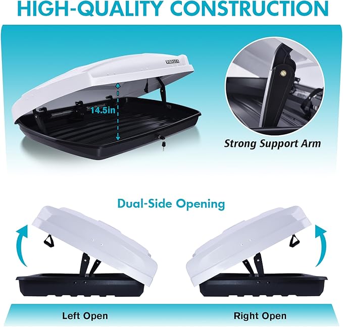 Hard Shell Roof Cargo Box Carrier with Security Keys,Heavy Duty Waterproof Rooftop Storage Box with Car Trunk Organize,58.3 L x 35.4 W x13 H Inches,15.5 Cubic Feet,Dual Side Opening,White