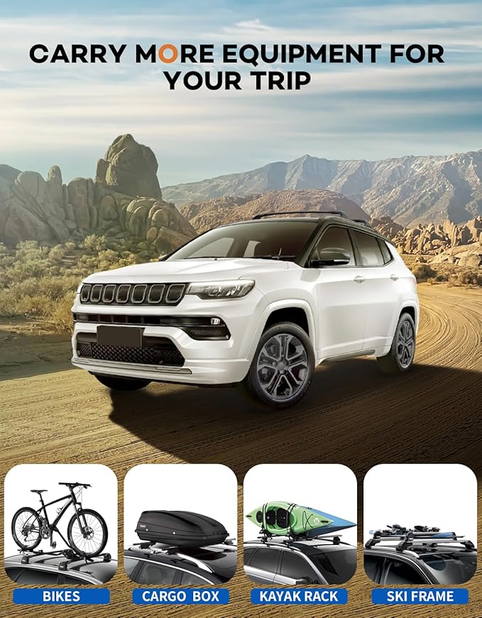 Roof Rack Cross Bars 220lbs Compatible with Jeep Compass 2018-2025,Heavy Duty All-Metal Aluminum Roof Rails Crossbars Cargo Canoe Black Rooftop Cargo Carrier Luggage.