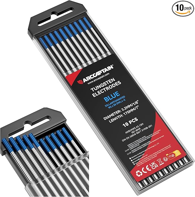 ARCCAPTAIN TIG Tungsten, TIG Welding Tungsten Electrode Blue 2% Lanthanated 10-Pack 1/8" x 7" (WL20/EWLa-2)