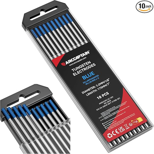 ARCCAPTAIN TIG Tungsten, TIG Welding Tungsten Electrode Blue 2% Lanthanated 10-Pack 1/8" x 7" (WL20/EWLa-2)