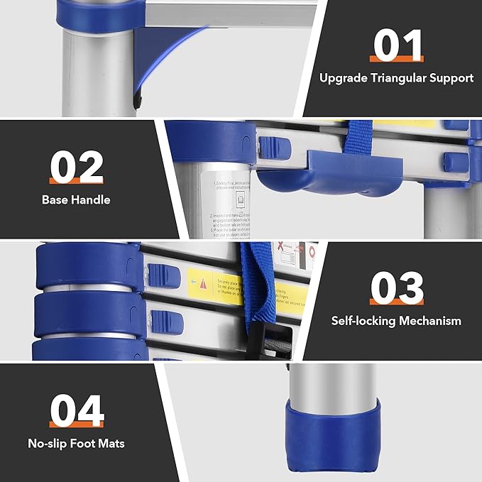 12.5FT Aluminum Extension Ladder, Telescoping Ladder w/Triangle Stabilizers and Non-Slip Feet, 330lbs Capacity Lightweight Retractable Ladder for Work, RV and Outdoor Blue