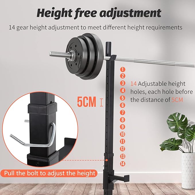 PayLessHere 550LBS Adjustable Squat Rack 40"-66", Sturdy Steel Squat Barbell Stand with Bench Press Holder for Home Gym, Portable Weight Rack