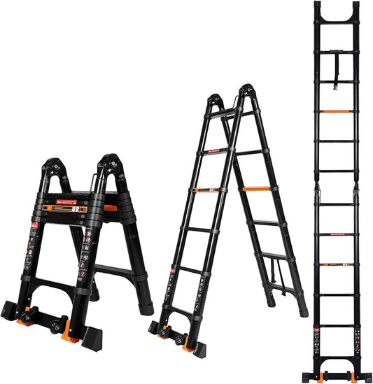 12.5 FT A Frame Telescoping Ladder, Extension Multi-Purpose w/Balance Bar & Wheels, Ladder A Frame, Heavy Duty 330 lbs Max Capacity, Ideal for Home and Outdoor Work, Black