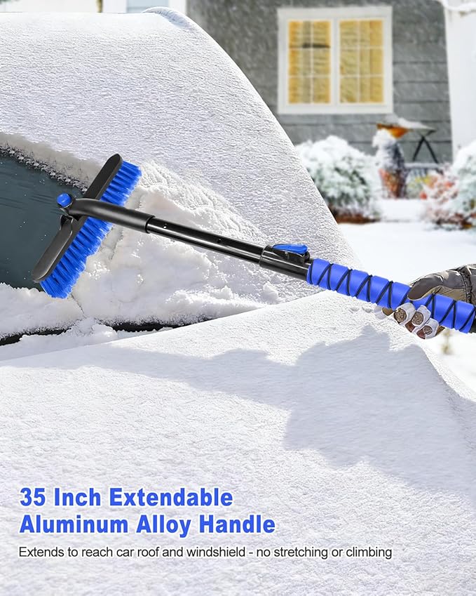 35'' Snow Brush and Ice Scraper for Car Windshield, Retractable Durable Aluminum Rod Foam Grip for Efficient Snow Frost Ice Removal Winter Tools for SUV Trucks Cars Window