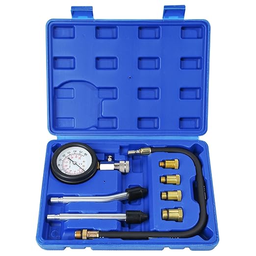 8PCS Compression Tester Kit Professional Petrol Gas Engine Cylinder Pressure Gauge 0-300 PSI Automotive Tool for Motorcycle Car Truck (Blue)