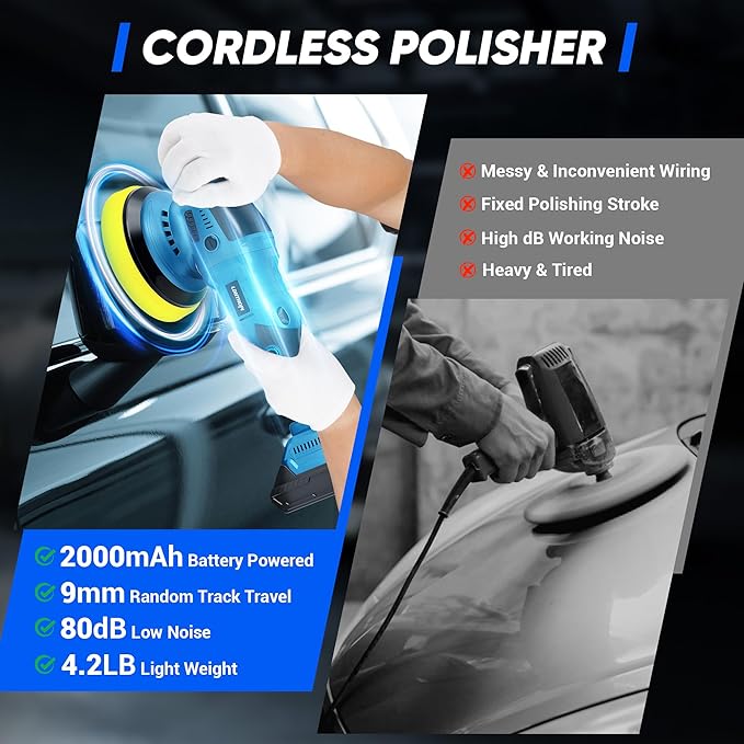 LDHTHOPI Cordless Buffer Polisher with 2×2000mAh Battery, 10000RPM 1600W High Power Car Polishing Kit with 6 Variable Speed, 23PCS Polishing Accessories for Car Polishing Waxing Detailing