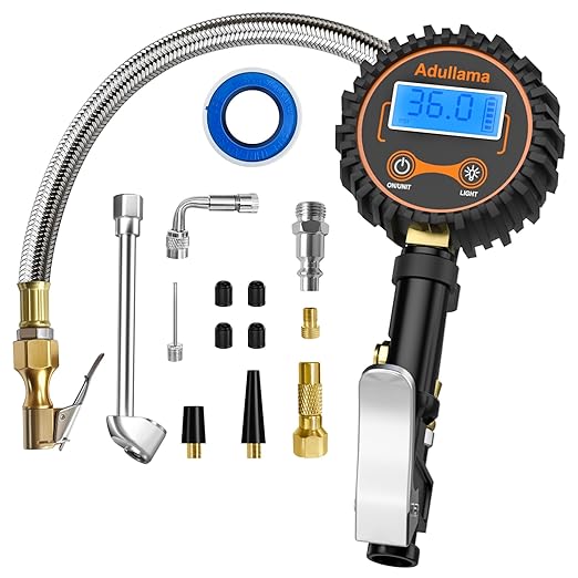 Digital Tire Pressure Gauge with Inflator, 250 PSI Heavy Duty Air Chuck Air Compressor Attachments, Improved Leaks Protection & Stainless Braided Hose Tire Gauge, 0.1 Display Resolution