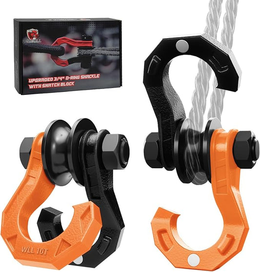 D Ring Separate Shackle with Snatch Block 2 Set, 3/4" Shackles w/Snatch Block Pulley, Heavy Duty Shackle for Towing Winch, Pulley for Off-Road Vehicle Recovery, Truck, ATV, UTV, BlackOrange