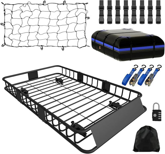 FORWODE 250LBS Universal Roof Rack Basket, 64"x39"x6" Rooftop Cargo Carrier Rack + Waterproof Cargo Bag 15 Cubic Feet(43"x34"x17") and Cargo Net, Ratchet Straps