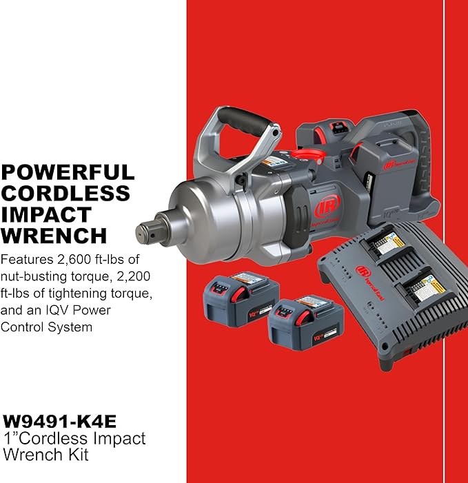 Ingersoll Rand W9491-K4E 1" 20V Cordless Impact Wrench 4-Battery Kit, 2,600 ft-lbs Torque, Friction Ring-Thru-Hole Retainer