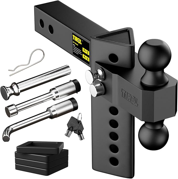 TIROL Adjustable Trailer Hitch - Fits 2'' Receiver 6 Drop/Rise for Truck Hitch, 2'' & 2-5/16'' Ball Hitch, 22000 LBS GTW - Heavy Duty Tow Hitch with Two Anti-Theft Locking Hitch Pins