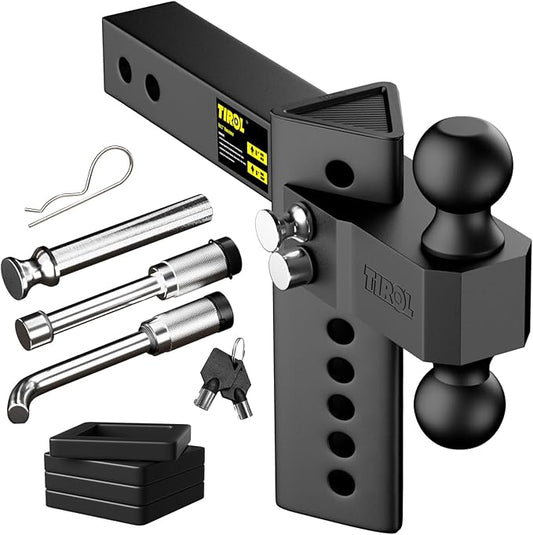 TIROL Adjustable Trailer Hitch - Fits 2'' Receiver 6 Drop/Rise for Truck Hitch, 2'' & 2-5/16'' Ball Hitch, 22000 LBS GTW - Heavy Duty Tow Hitch with Two Anti-Theft Locking Hitch Pins