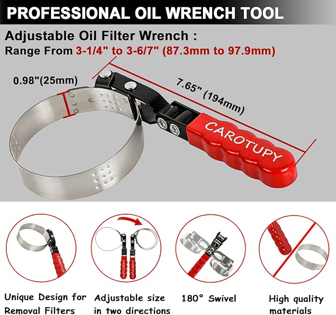 Standard Oil Filter Wrench, Oil Filter Wrench Tool Fits Filter from 3-1/4" to 3-6/7" for Cars, Motorcycles and SUV