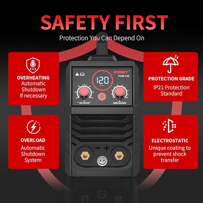 PONEY 120A Flux Core MIG Welder 110V - 3 in 1 Gasless MIG/Stick/Lift TIG Welding Machine with Synergic Control IGBT Inverter Multi-process Portable Wire Feed Welder