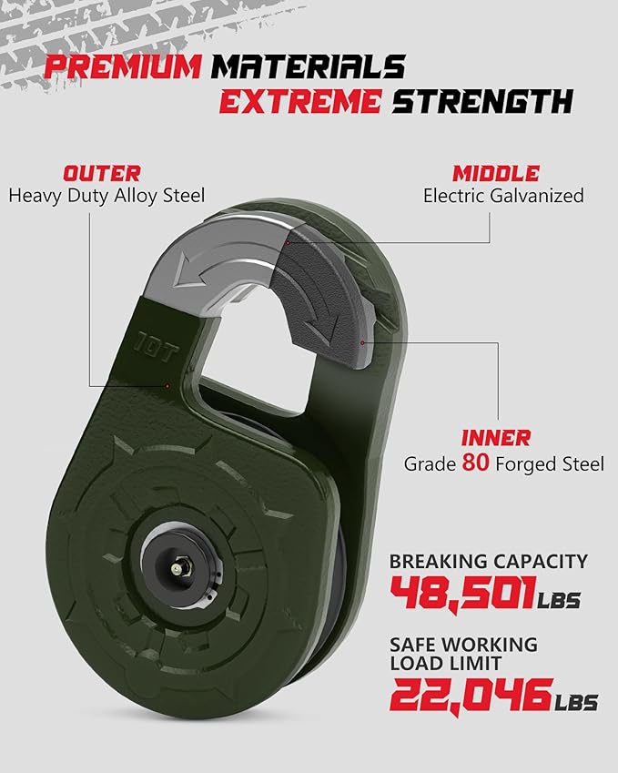 Towing Winch Snatch Block Hook, Separate Pulley Block, Tow Winch Hook, Multiple-Purpose G80 Heavy Duty Forged Winch Hook Snatch Block Pulley, 22Tons(46,051lbs)MBS, for Synthetic Rope, OliveDrab