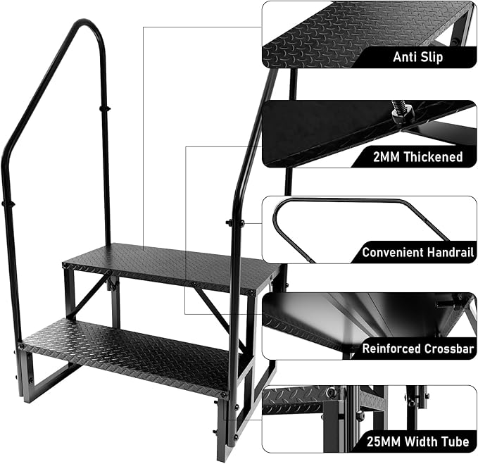 RV Steps with Handrails, 2 Step RV Stairs 660 lbs Load Capacity, Step Ladder with Anti-Slip Panel, Mobile Home Stairs for Travel Trailers